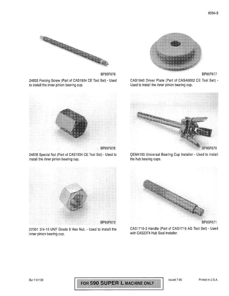 May include: Diagram of automotive tools, including a forcing screw, driver plate, special nut, universal bearing cup installer, hex nut, and handle. Each tool is labeled with a part number and description, designed for specific automotive repair tasks.