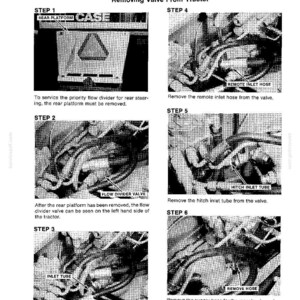 May include: Diagram illustrating the procedure for removing a rear steering priority valve from a tractor. The steps involve removing the rear platform, flow divider valve, inlet tube, remote inlet hose, hitch inlet tube, and supply hose. Text includes "REAR STEERING PRIORITY VALVE" and "Removing Valve From Tractor."