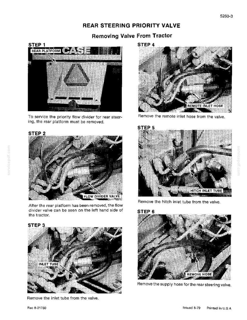 May include: Diagram illustrating the procedure for removing a rear steering priority valve from a tractor. The steps involve removing the rear platform, flow divider valve, inlet tube, remote inlet hose, hitch inlet tube, and supply hose. Text includes "REAR STEERING PRIORITY VALVE" and "Removing Valve From Tractor."