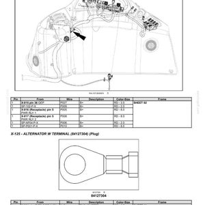 May include: Diagram of electrical systems, harnesses, and connectors. Includes a detailed illustration of wiring and components, with labels and a table of pin connections, wire descriptions, and color codes. Features the text "X-125 - ALTERNATOR W TERMINAL (84127304) (Plug)".
