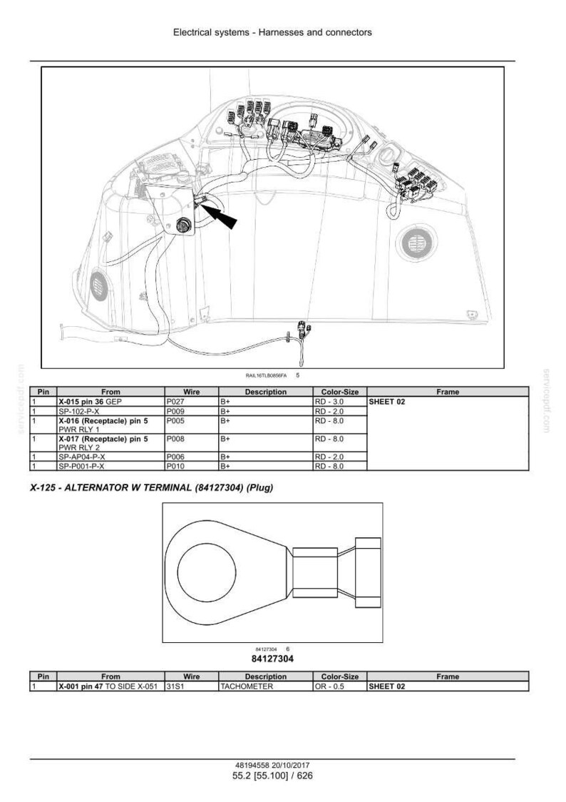 May include: Diagram of electrical systems, harnesses, and connectors. Includes a detailed illustration of wiring and components, with labels and a table of pin connections, wire descriptions, and color codes. Features the text "X-125 - ALTERNATOR W TERMINAL (84127304) (Plug)".