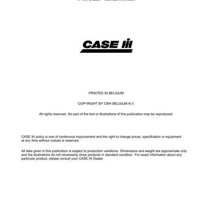 May include: A white document with black text, including the "CASE III" logo. The document includes the address of CNH BELGIUM N.V. in Belgium and technical information. Copyright information and a disclaimer are also present.
