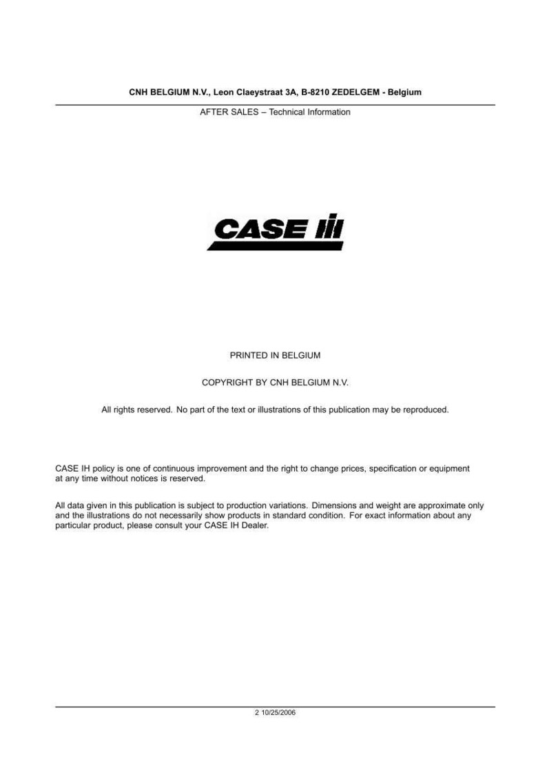 May include: A white document with black text, including the "CASE III" logo. The document includes the address of CNH BELGIUM N.V. in Belgium and technical information. Copyright information and a disclaimer are also present.