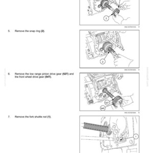 May include: Diagrams illustrating mechanical transmission disassembly steps. Includes images of removing the fork, snap ring, pinion drive gear, and fork shuttle rod. Text labels identify parts with numbers.