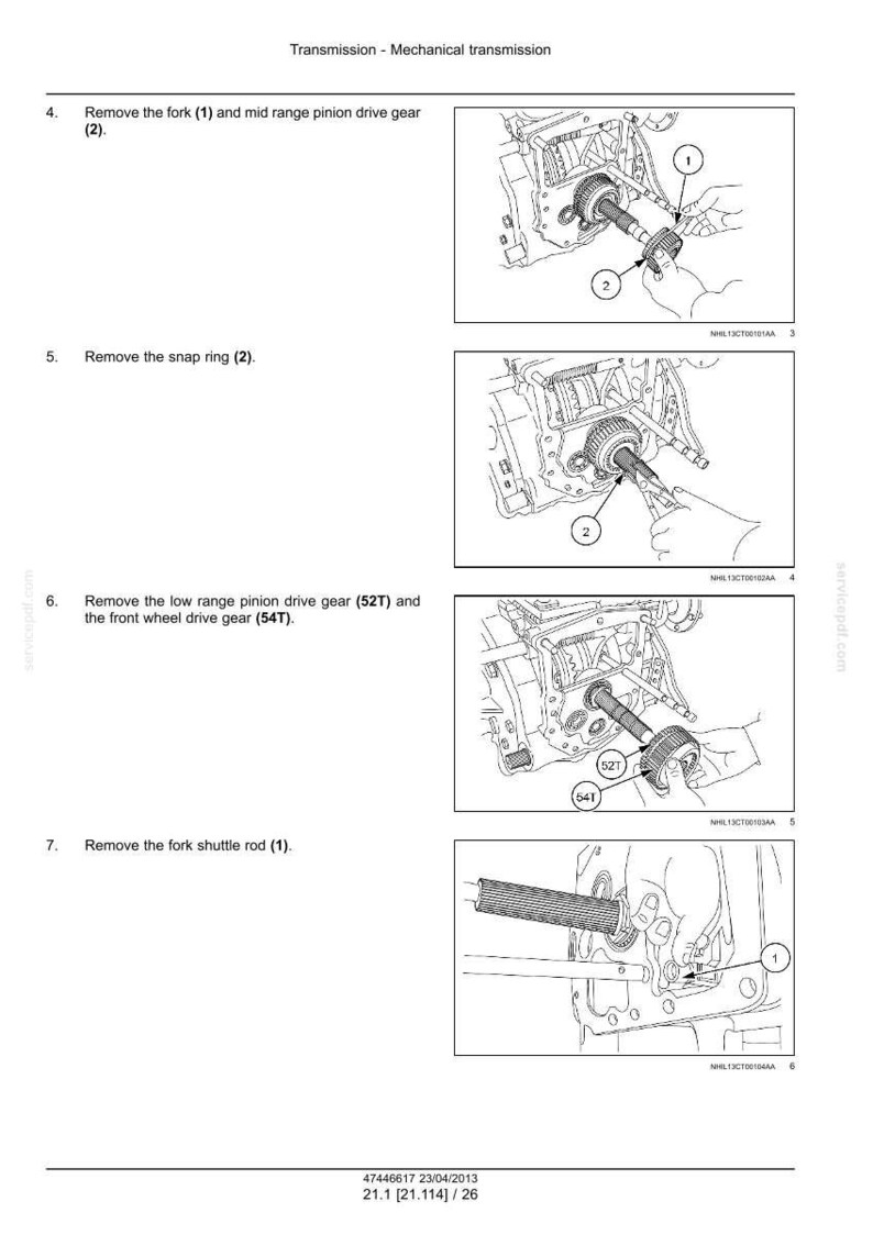 May include: Diagrams illustrating mechanical transmission disassembly steps. Includes images of removing the fork, snap ring, pinion drive gear, and fork shuttle rod. Text labels identify parts with numbers.