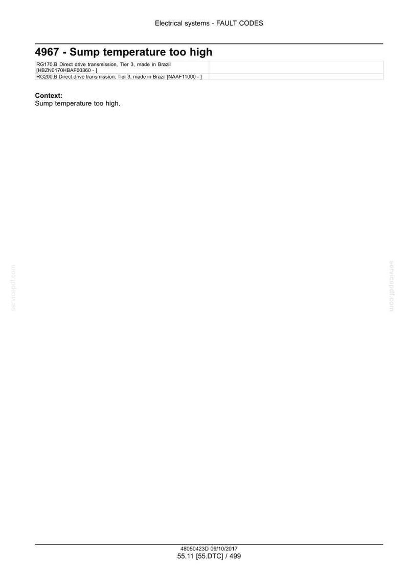 May include: A white document with the title "Electrical systems - FAULT CODES" and the fault code "4967 - Sump temperature too high." The document includes context and technical details about direct drive transmissions.