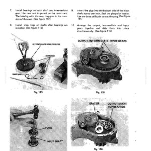 May include: A technical diagram from a DROTT CRAWLER manual, detailing the upper structure assembly. The image includes labeled diagrams of gears, bearings, and shafts, with accompanying instructions. The text includes "Install bearings" and "Arrange the output".