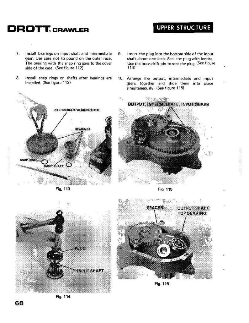 May include: A technical diagram from a DROTT CRAWLER manual, detailing the upper structure assembly. The image includes labeled diagrams of gears, bearings, and shafts, with accompanying instructions. The text includes "Install bearings" and "Arrange the output".