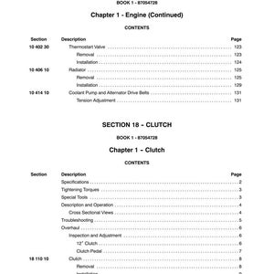 May include: A printed page from a manual with the title "SECTION 10 - ENGINE" and "SECTION 18 - CLUTCH." The table of contents lists engine and clutch components, including "Thermostat Valve," "Radiator," and "Clutch Pedal."