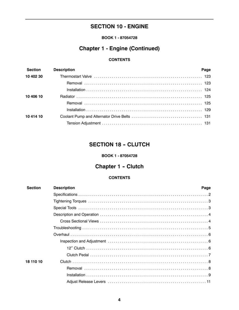 May include: A printed page from a manual with the title "SECTION 10 - ENGINE" and "SECTION 18 - CLUTCH." The table of contents lists engine and clutch components, including "Thermostat Valve," "Radiator," and "Clutch Pedal."