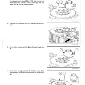 May include: Diagram illustrating the removal of a parking brake or parking lock. The image shows detailed mechanical components, including bolts, nuts, and a brake disc, with numbered labels for each part. Text instructions accompany the diagrams.