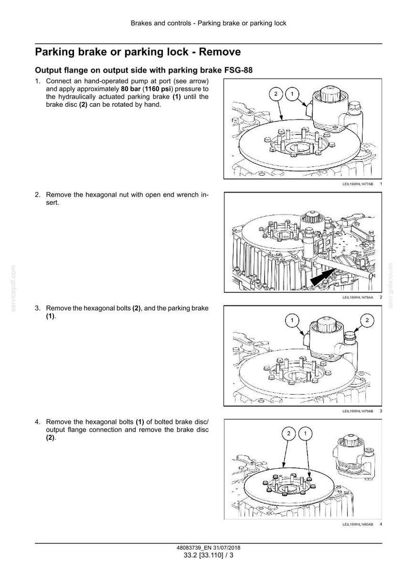 May include: Diagram illustrating the removal of a parking brake or parking lock. The image shows detailed mechanical components, including bolts, nuts, and a brake disc, with numbered labels for each part. Text instructions accompany the diagrams.