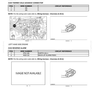 May include: Diagram of electrical connectors, including C230 Thermo Cold Advance Connector and C232 Reverse Alarm. Includes wire numbers, circuit references, and diagrams of the connectors. Text includes "Connector - Component diagram 23 Connectors230-239".