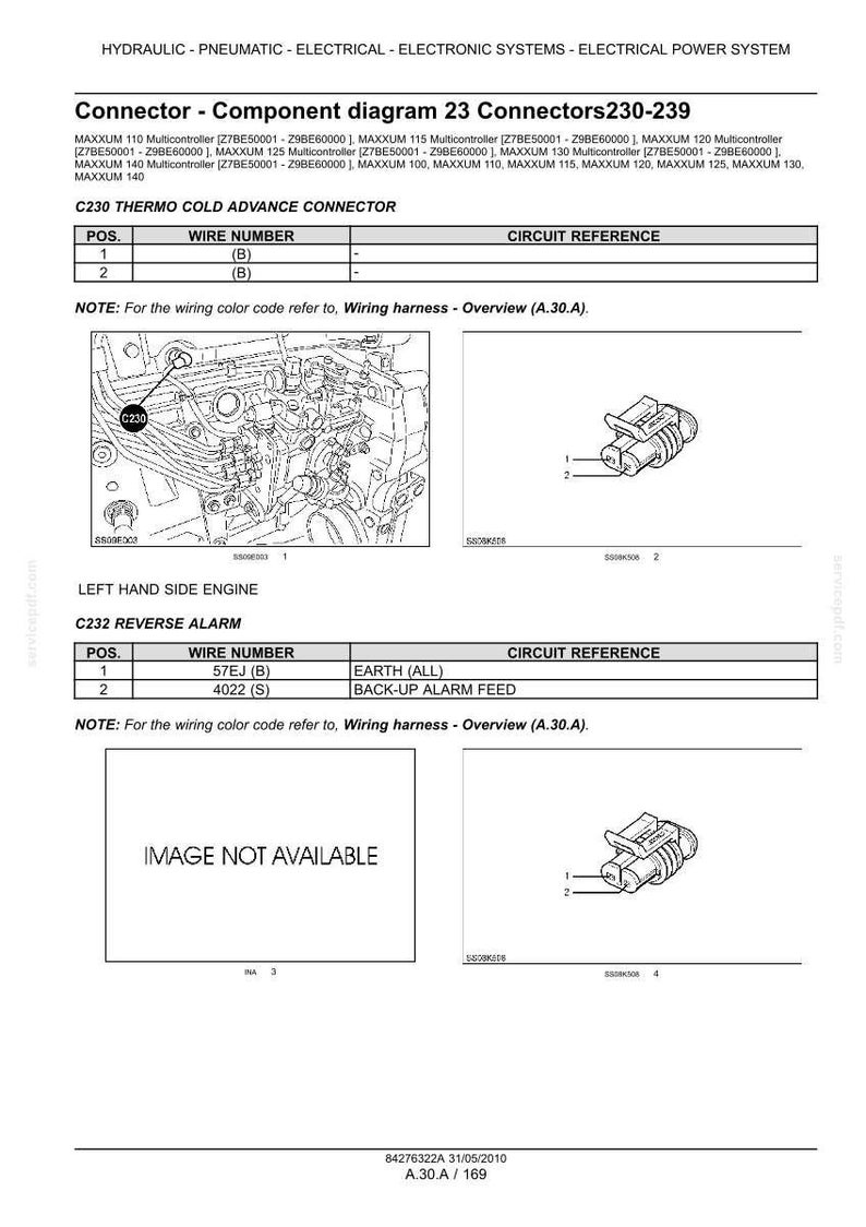 May include: Diagram of electrical connectors, including C230 Thermo Cold Advance Connector and C232 Reverse Alarm. Includes wire numbers, circuit references, and diagrams of the connectors. Text includes "Connector - Component diagram 23 Connectors230-239".
