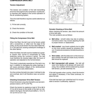 May include: A technical manual page titled SECTION 90 - PLATFORM, CAB, BODYWORK AND DECALS - CHAPTER 2 45, detailing compressor drive belt tension adjustment and maintenance, including a diagram showing a 12 to 13 mm (0.472 to 0.511 in) deflection.