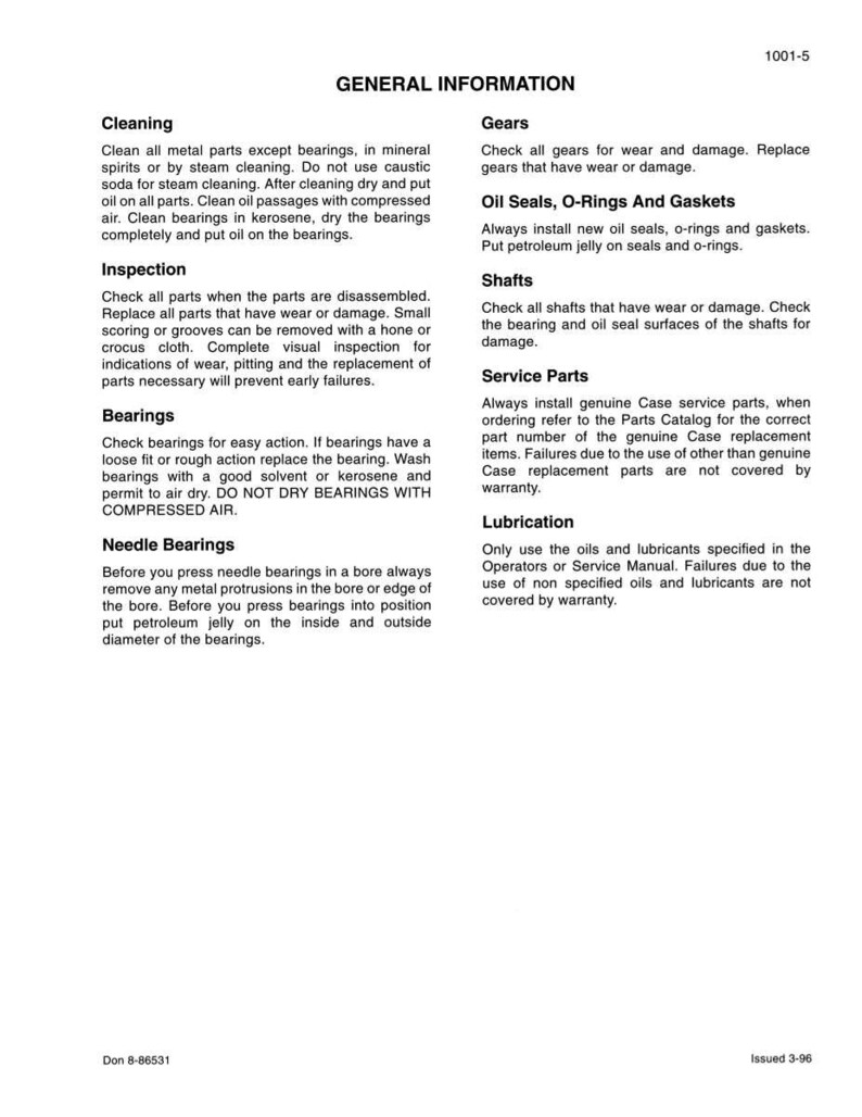 Pu&ograve; includere: Una pagina di manuale intitolata "INFORMAZIONI GENERALI" con istruzioni per la pulizia, l'ispezione e la manutenzione. Contiene sezioni su ingranaggi, paraoli e cuscinetti. Numero di documento 1001-5.