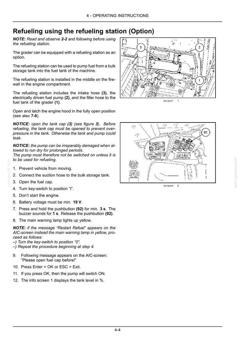 May include: Diagram of a refueling station with numbered components and instructions. Includes a diagram of the fuel tank and dashboard with a pushbutton labeled 92. Text explains the refueling process and safety precautions.