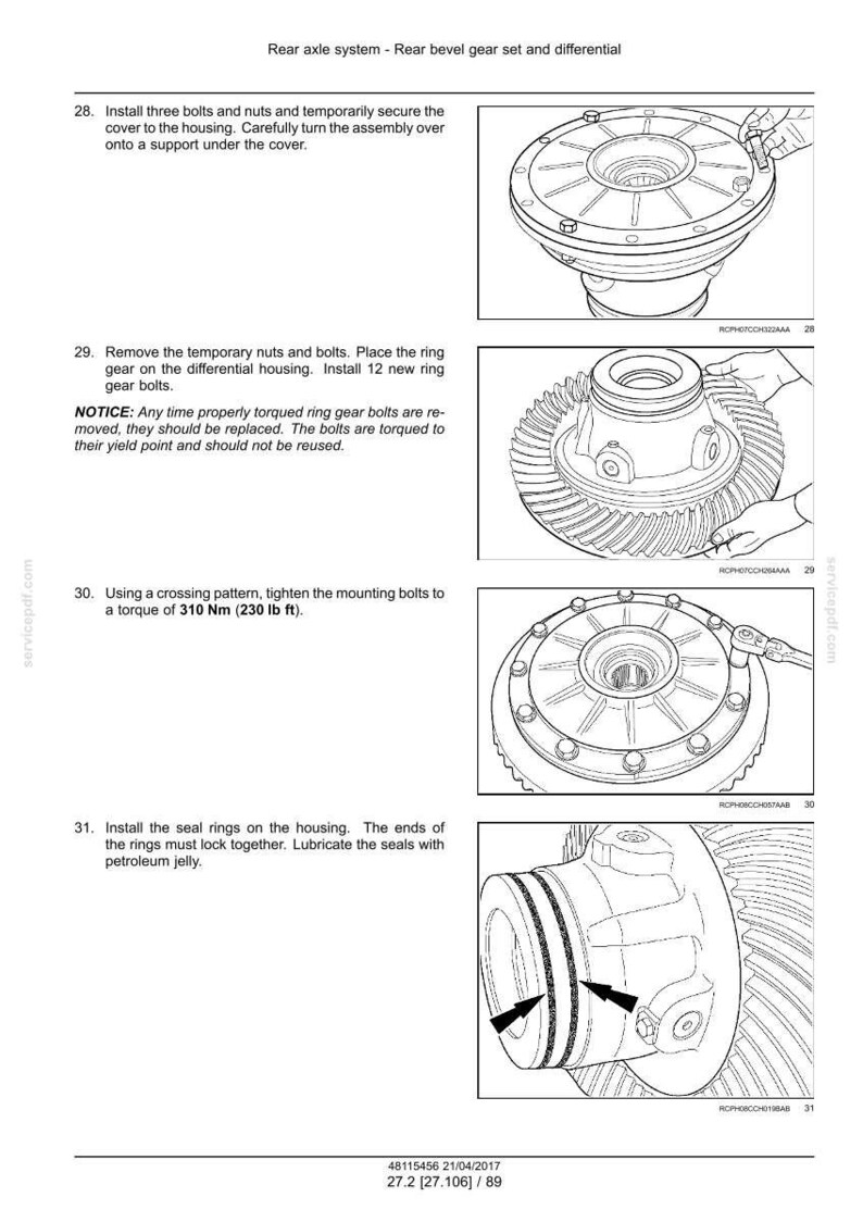 May include: Diagram of a rear axle system, showing the rear bevel gear set and differential. Includes illustrations of installing bolts, ring gears, and seal rings. The torque for the mounting bolts is 310 Nm (230 lb ft).