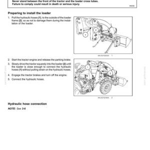 May include: A technical document page titled Operating Instructions for installing a tractor loader. It includes a warning about crushing hazards, numbered steps for installation, and two black and white line drawings showing the loader frame and hydraulic hoses.