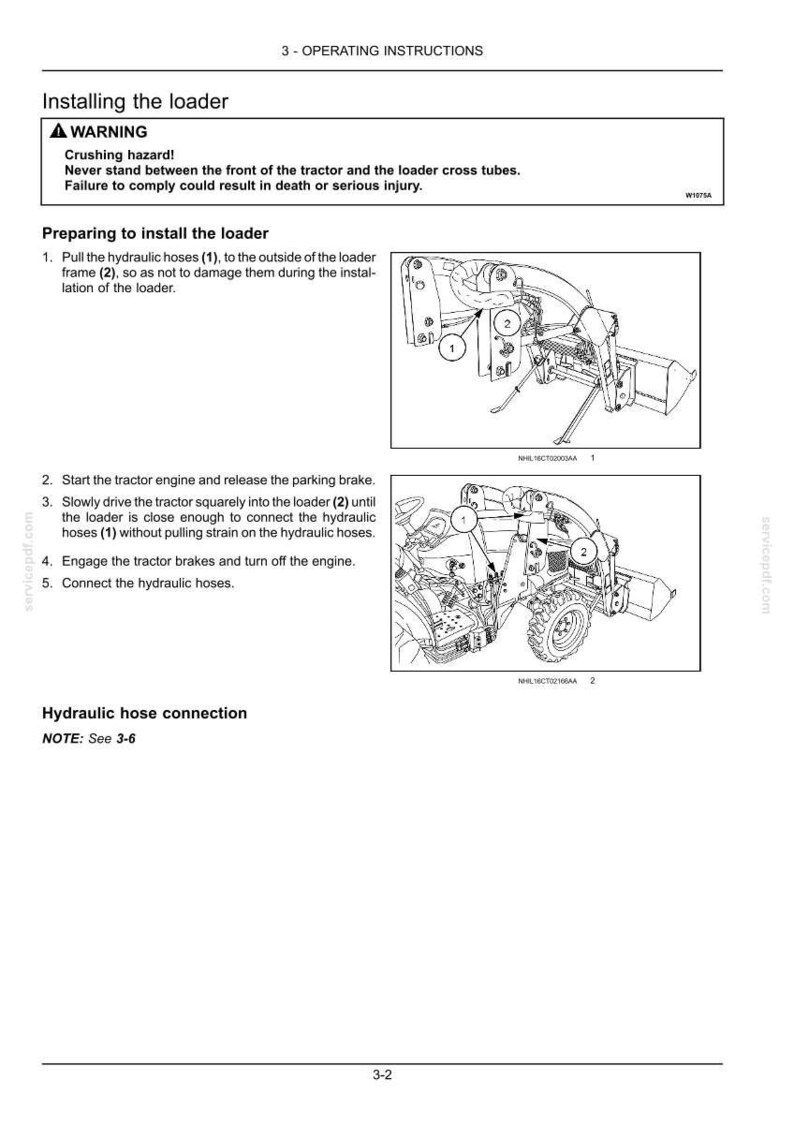May include: A technical document page titled Operating Instructions for installing a tractor loader. It includes a warning about crushing hazards, numbered steps for installation, and two black and white line drawings showing the loader frame and hydraulic hoses.