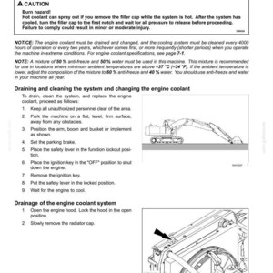 May include: Page from a maintenance manual detailing engine coolant changes. Includes safety warnings, instructions, and diagrams for draining and cleaning the system. Features an illustration of a construction vehicle.