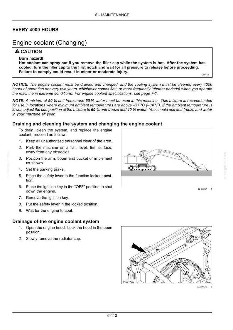 May include: Page from a maintenance manual detailing engine coolant changes. Includes safety warnings, instructions, and diagrams for draining and cleaning the system. Features an illustration of a construction vehicle.