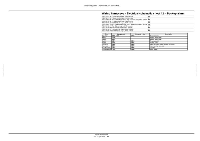 May include: A detailed electrical schematic sheet titled "Wiring harnesses - Electrical schematic sheet 12 - Backup alarm." The document includes tables with component types, connector links, and descriptions. The text is in black on a white background.