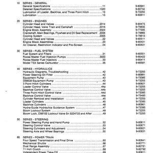 May include: A black and white table of contents for a 480 Series B Tractor. The document lists various sections, including engines, fuel systems, hydraulics, steering, and power train, with corresponding section numbers and form numbers.