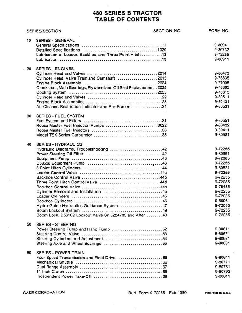 May include: A black and white table of contents for a 480 Series B Tractor. The document lists various sections, including engines, fuel systems, hydraulics, steering, and power train, with corresponding section numbers and form numbers.