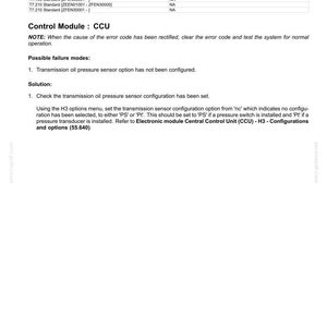 May include: A document detailing fault codes for electrical systems, specifically addressing the 2316-Transmission oil pressure sensor. The text provides troubleshooting steps, including checking the sensor configuration and setting options.
