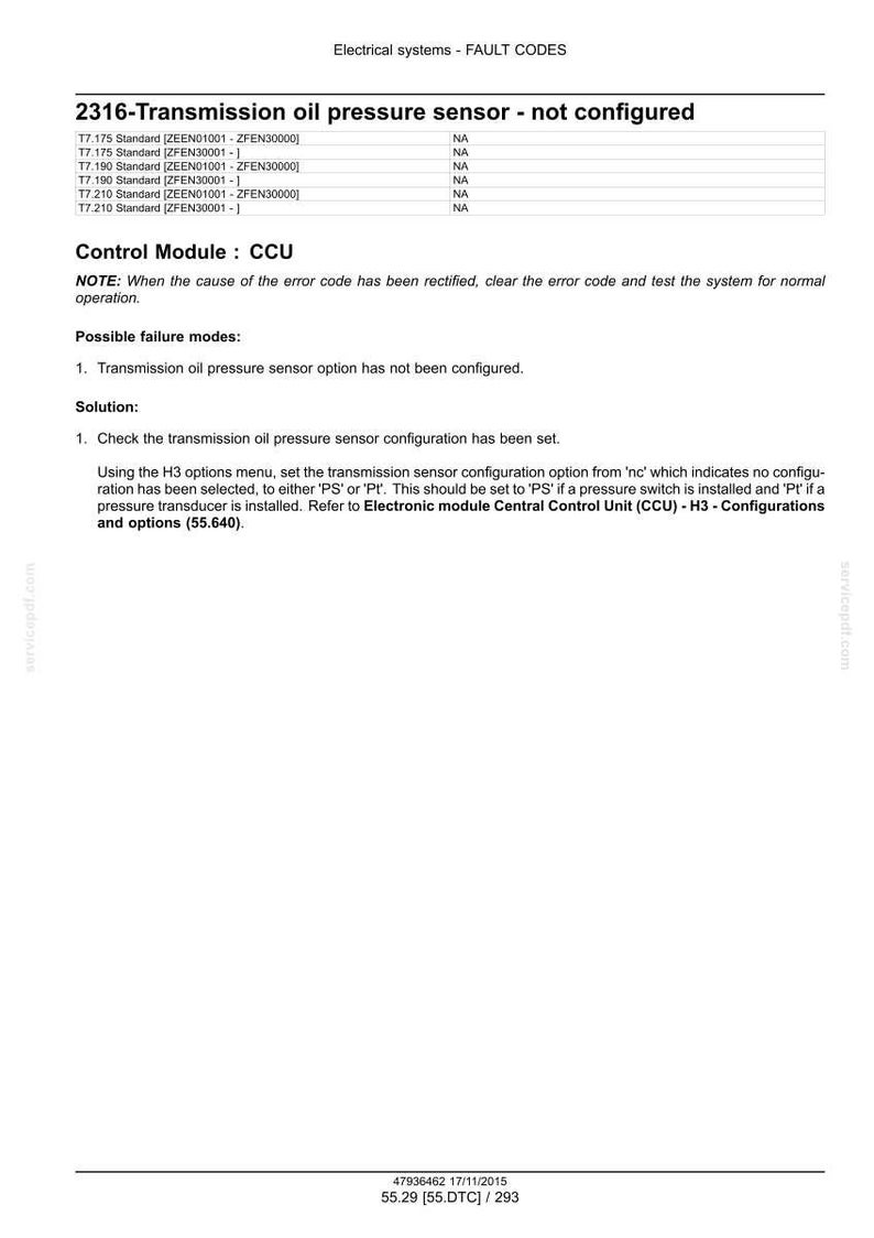 May include: A document detailing fault codes for electrical systems, specifically addressing the 2316-Transmission oil pressure sensor. The text provides troubleshooting steps, including checking the sensor configuration and setting options.