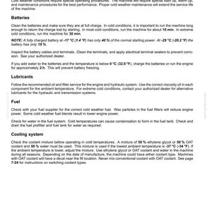 May include: Page from an operating manual with the title "Cold temperature operation." The text provides instructions for operating in cold climate conditions, including battery, lubricant, fuel, and cooling system maintenance.
