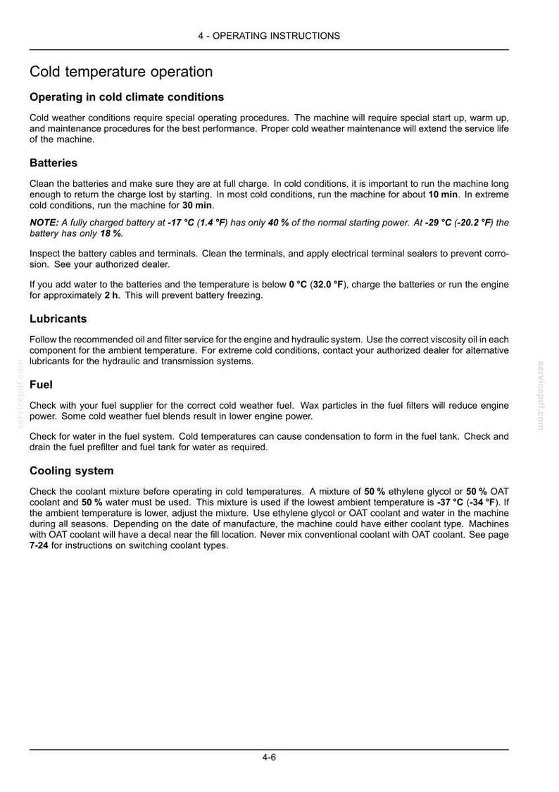 May include: Page from an operating manual with the title "Cold temperature operation." The text provides instructions for operating in cold climate conditions, including battery, lubricant, fuel, and cooling system maintenance.