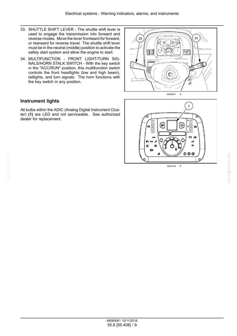 May include: Diagram of a vehicle's instrument panel, including the shuttle shift lever and multifunction switch. The image also shows the instrument lights and their components. Text includes warnings and instructions.