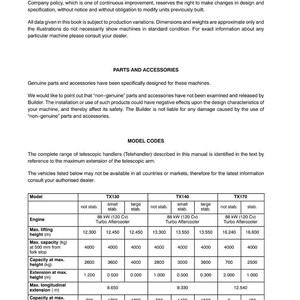 May include: A page from a manual with the title "Company Policy" and "Parts and Accessories." It includes a table with model codes for TX130, TX140, and TX170, listing engine specifications, lifting heights, and capacities in metric units.