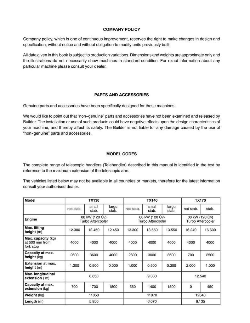 May include: A page from a manual with the title "Company Policy" and "Parts and Accessories." It includes a table with model codes for TX130, TX140, and TX170, listing engine specifications, lifting heights, and capacities in metric units.