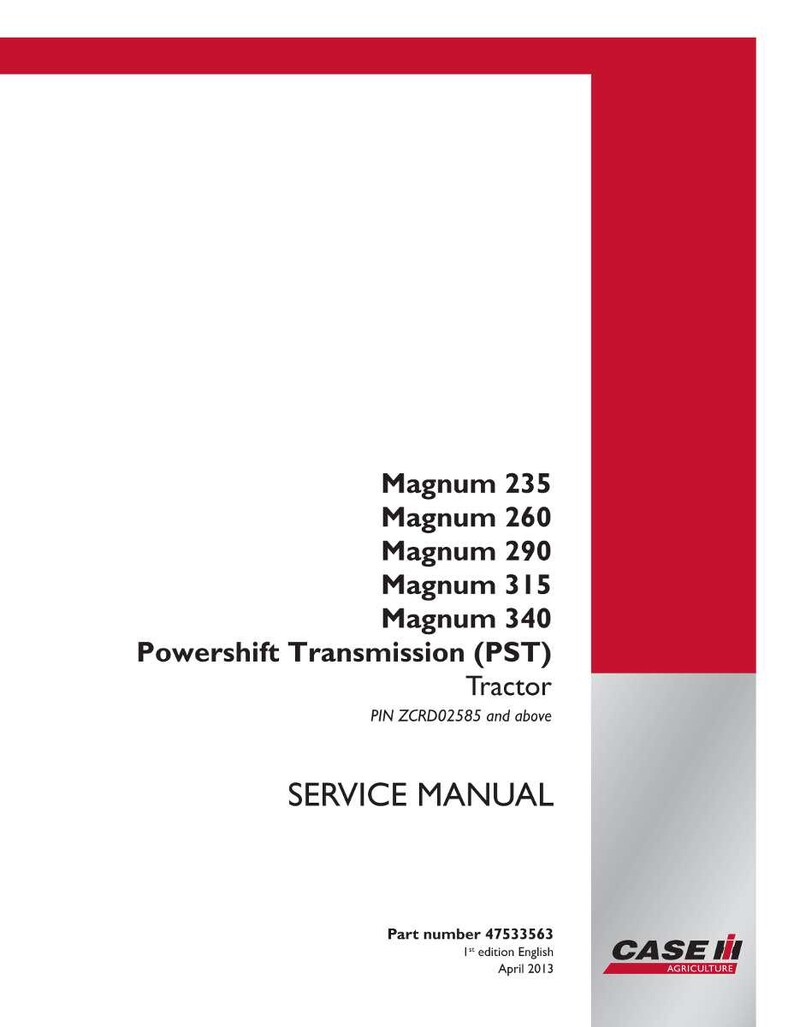 May include: A white service manual with a red border. The text includes "Magnum" model numbers, "Powershift Transmission (PST) Tractor", and "SERVICE MANUAL". The Case IH Agriculture logo is in the bottom right.