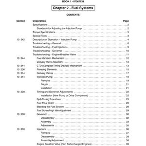 May include: A printed page from a manual titled "SECTION 10 - ENGINE" with the text "Chapter 2 - Fuel Systems." The table of contents lists topics like "Injection Pump," "Governor," and "Fuel Injectors."