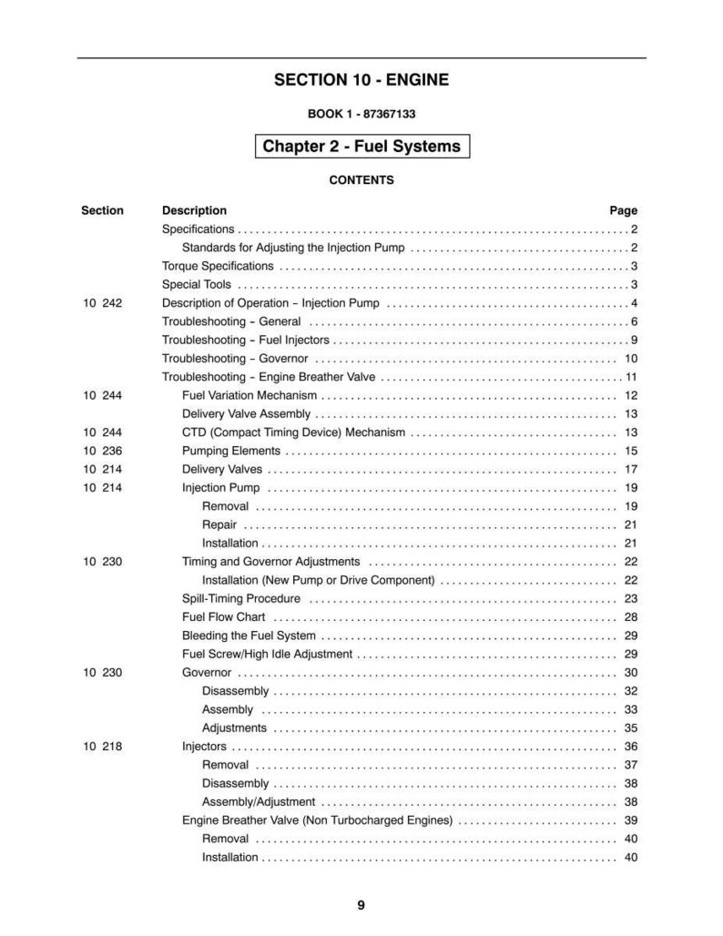May include: A printed page from a manual titled "SECTION 10 - ENGINE" with the text "Chapter 2 - Fuel Systems." The table of contents lists topics like "Injection Pump," "Governor," and "Fuel Injectors."