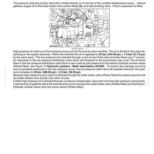 May include: Diagram of a hydraulic system's master priority valve, with labels and technical details. The image includes text describing the valve's function, pressure regulation, and oil flow within the system. Measurements are in psi and bar.