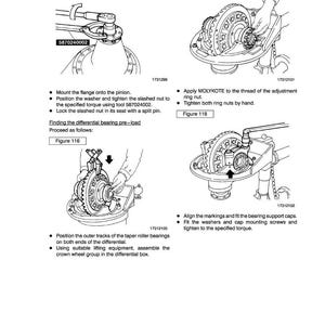 May include: Diagrams from a vehicle repair manual showing rear axle assembly steps. Includes illustrations of mounting flanges, tightening nuts, applying MOLYKOTE, and aligning components. Text instructions accompany each step.