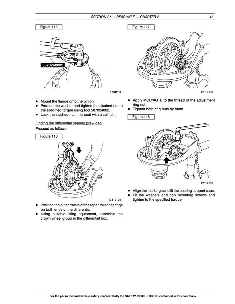 May include: Diagrams from a vehicle repair manual showing rear axle assembly steps. Includes illustrations of mounting flanges, tightening nuts, applying MOLYKOTE, and aligning components. Text instructions accompany each step.