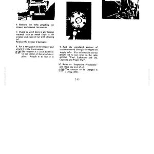 May include: A black and white technical manual page featuring three diagrams of mechanical components labeled STRAINER and LEVEL GAUGE & INLET PORT, with instructional text including steps 6 through 10 and a specified oil capacity of 11.9 gal.