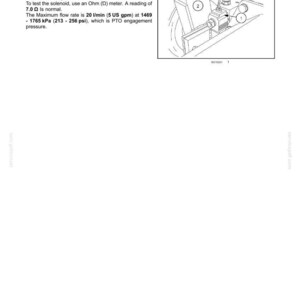 May include: Diagram of a rear electro-hydraulic control system with a solenoid valve labeled (1) and ROPS (2). Text details the valve's location, function, and testing parameters, including a 7.0 Ohm reading and flow rate of 20 l/min.