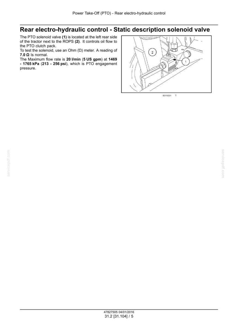 May include: Diagram of a rear electro-hydraulic control system with a solenoid valve labeled (1) and ROPS (2). Text details the valve's location, function, and testing parameters, including a 7.0 Ohm reading and flow rate of 20 l/min.