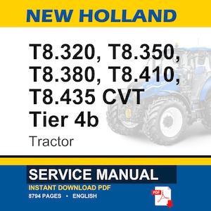 May include: A blue and white New Holland tractor with the text "T8.320, T8.350, T8.380, T8.410, T8.435 CVT Tier 4b Tractor". The image also includes the text "SERVICE MANUAL" and "INSTANT DOWNLOAD PDF".
