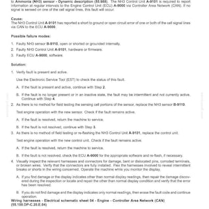 May include: A diagnostic document detailing fault codes for an electrical system. The text describes the fault code 19007-DiaNH3 sensor open or short circuit in measuring cell circuit, including context, cause, possible failure modes, and solutions.