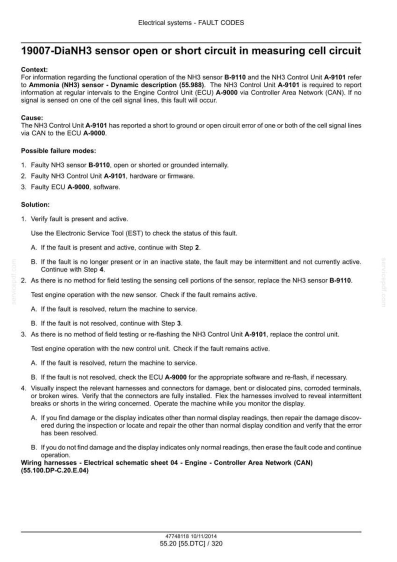 May include: A diagnostic document detailing fault codes for an electrical system. The text describes the fault code 19007-DiaNH3 sensor open or short circuit in measuring cell circuit, including context, cause, possible failure modes, and solutions.