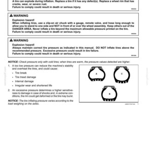 May include: A page from a maintenance manual detailing tire pressure. The text includes warnings about explosion hazards, proper inflation techniques, and the consequences of incorrect tire pressure. Diagrams illustrate tire wear.