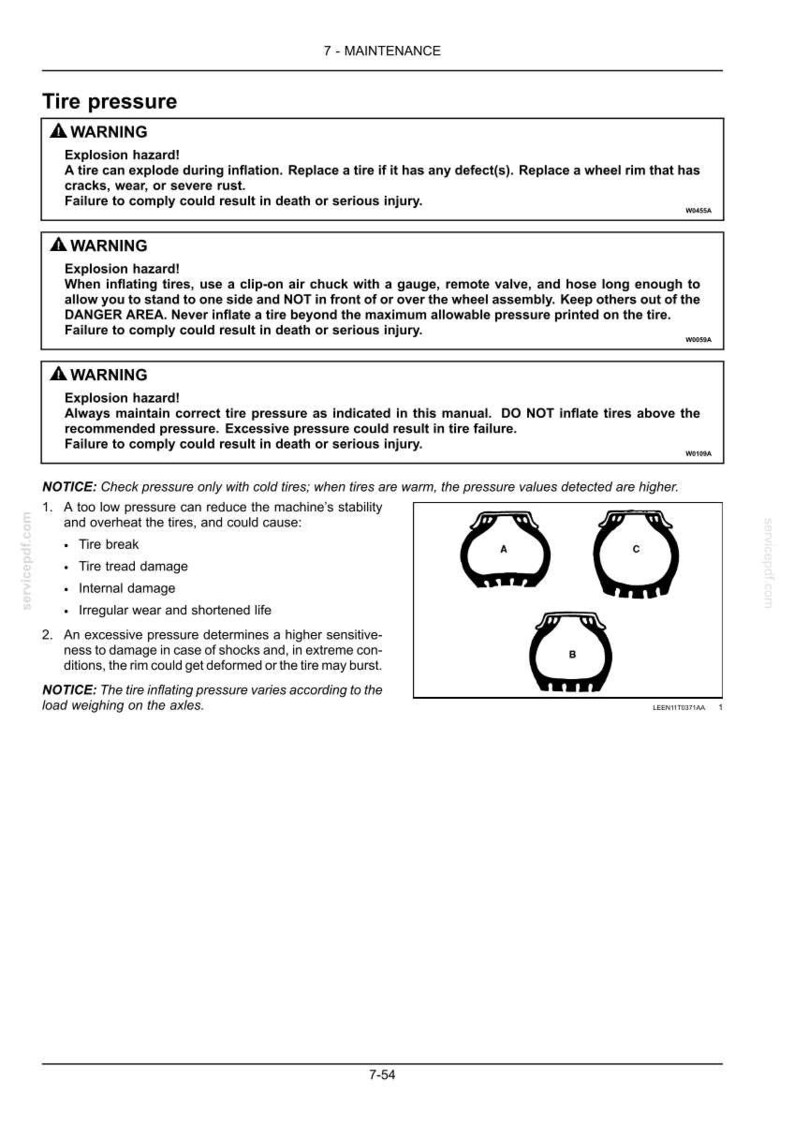 May include: A page from a maintenance manual detailing tire pressure. The text includes warnings about explosion hazards, proper inflation techniques, and the consequences of incorrect tire pressure. Diagrams illustrate tire wear.